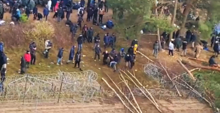 migranci zniszczyli ogrodzenie na granicy za pomocą pni drzew