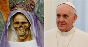 po lewej Święta Śmierć, po prawej papież Franciszek